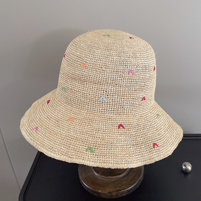 Bucket Hat Straw - Topi jerami rafia hati bordir wanita
